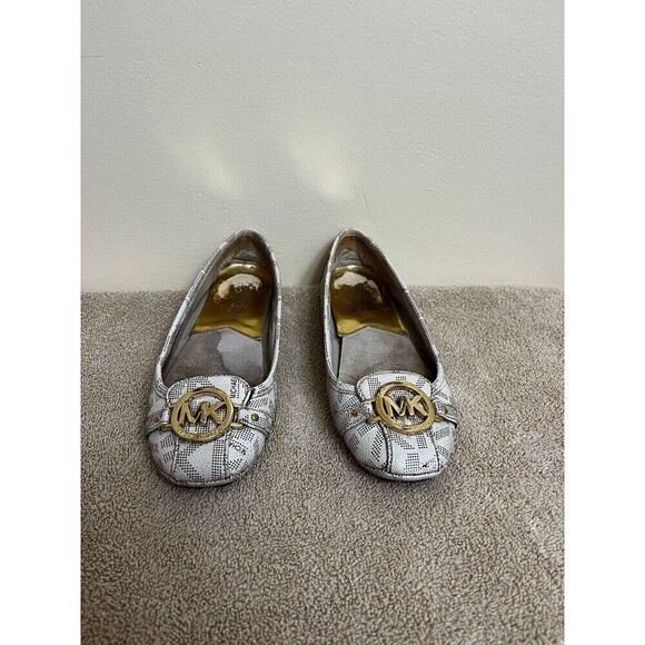 Michael Kors Shoes - Michael Kors Fulton Gold MK Logo Vanilla Sgnature Flats SZ 7M